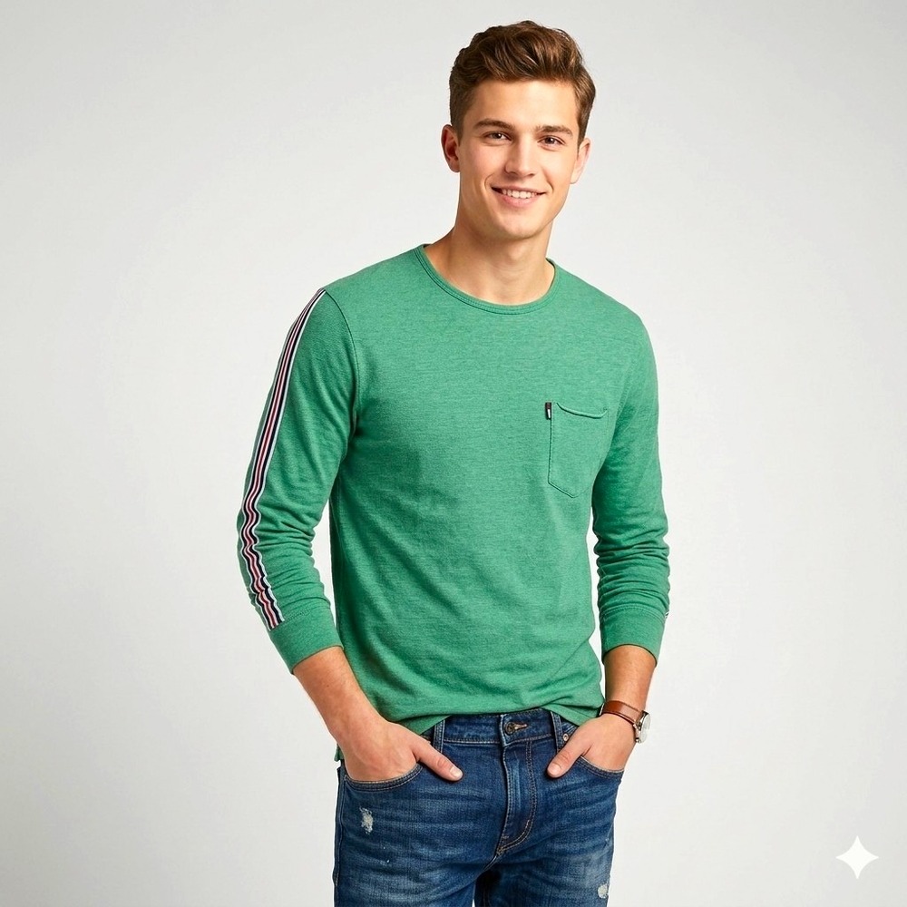 Tommy Hilfiger Denim Long Sleeve Shirt Mens Medium Green Crew Neck Stripe Pocket